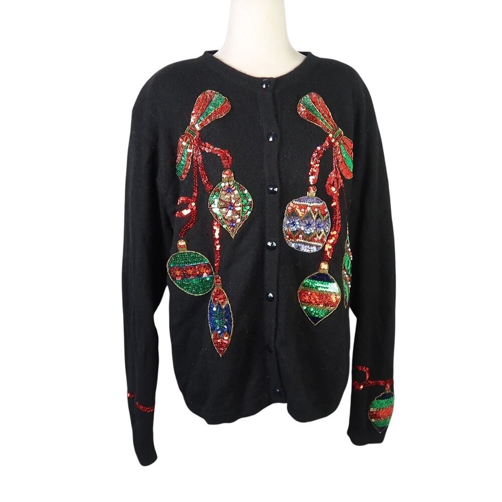Vintage 90s Westbound Black Angora Wool Christmas Ornament Sequin Cardigan M